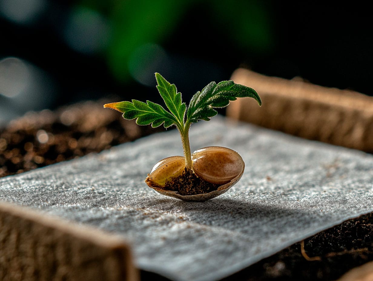 Close-up of cannabis seed germination showing a cracked seed on a moist paper towel, with root tip just starting to emerge.