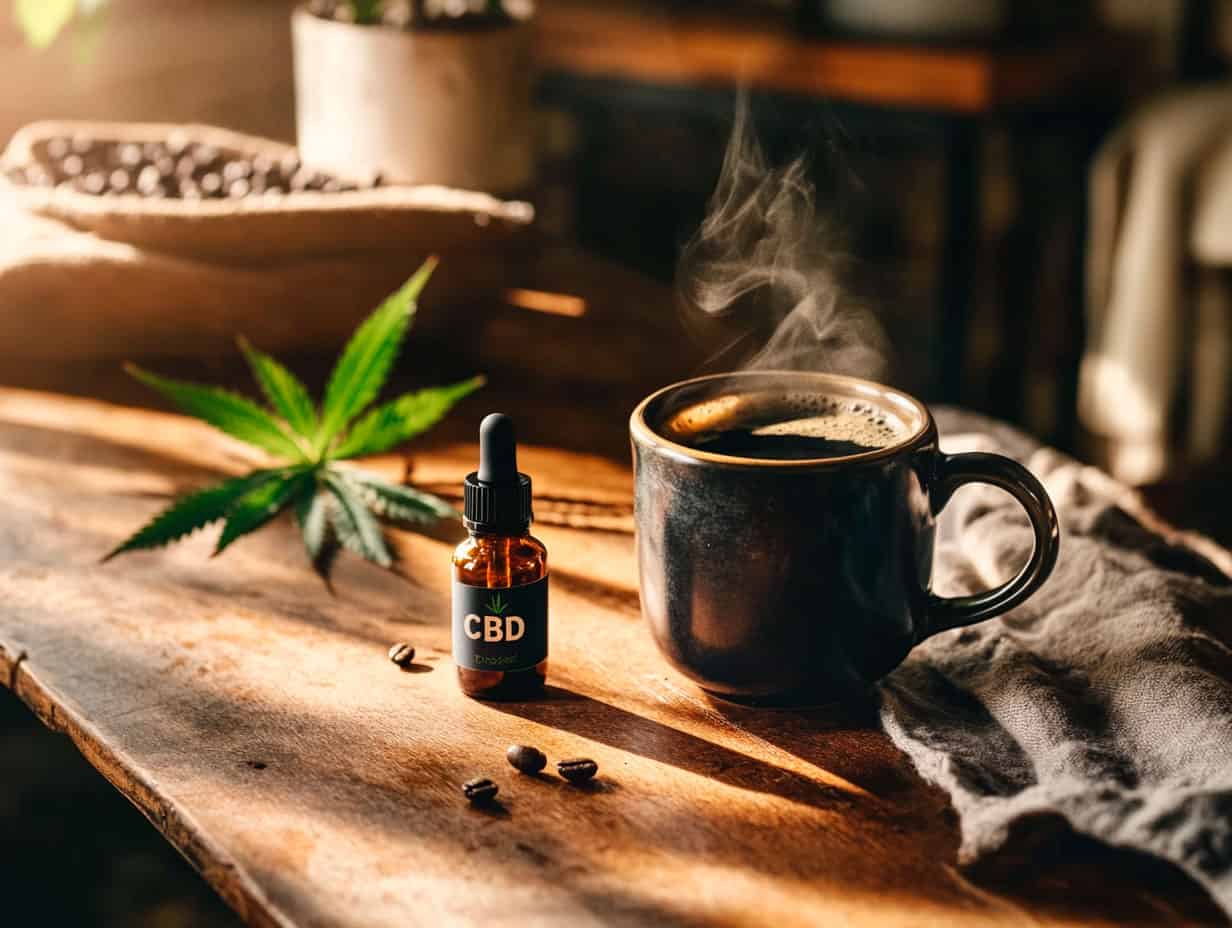 A tall glass of iced cold brew coffee with a swirl of CBD oil and a sprig of mint, illustrating a refreshing cannabidiol coffee recipe.