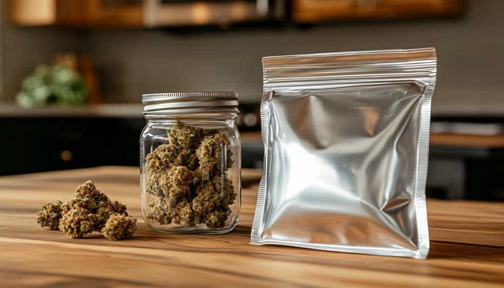 Does Weed Have to Be in a Bag? Visual comparison of different cannabis storage methods including jars, bags, and vacuum containers.
