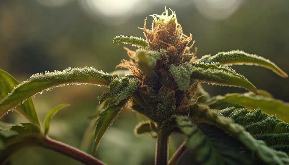 Flowering Stage - Cannabis Grow Timeline Cannabis plant entering mid-flowering stage with budding flowers covered in white pistils and early trichomes.