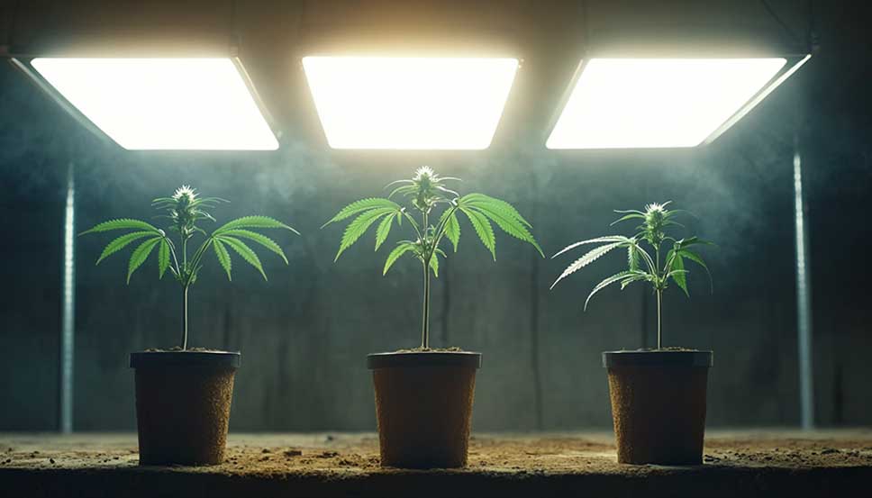 Three autoflower cannabis plants growing in 2, 5, and 7-gallon pots indoors, showing how big autoflowers get in different container sizes.