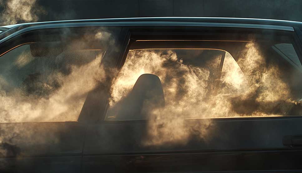 Realistic car interior with windows open, showing how to get weed smell out of car using coffee grounds, baking soda, and fresh air