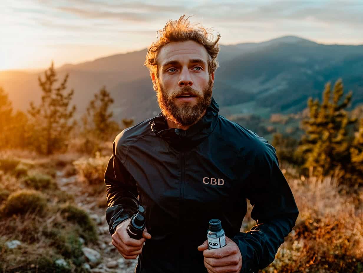 Athlete stretching on a trailhead bench after an ultra-run, holding a small CBD tincture bottle, illustrating cannabis sport performance for pain management and recovery.