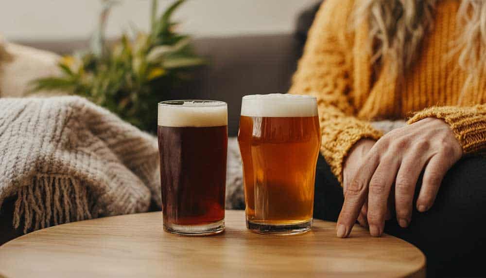 A THC beer can featuring a cannabis leaf logo, photographed in a calming setting