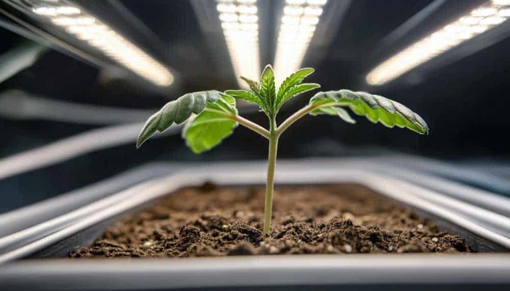 Seedling Stage - Cannabis Grow Timeline Healthy cannabis seedling with early leaf development under gentle LED lighting.