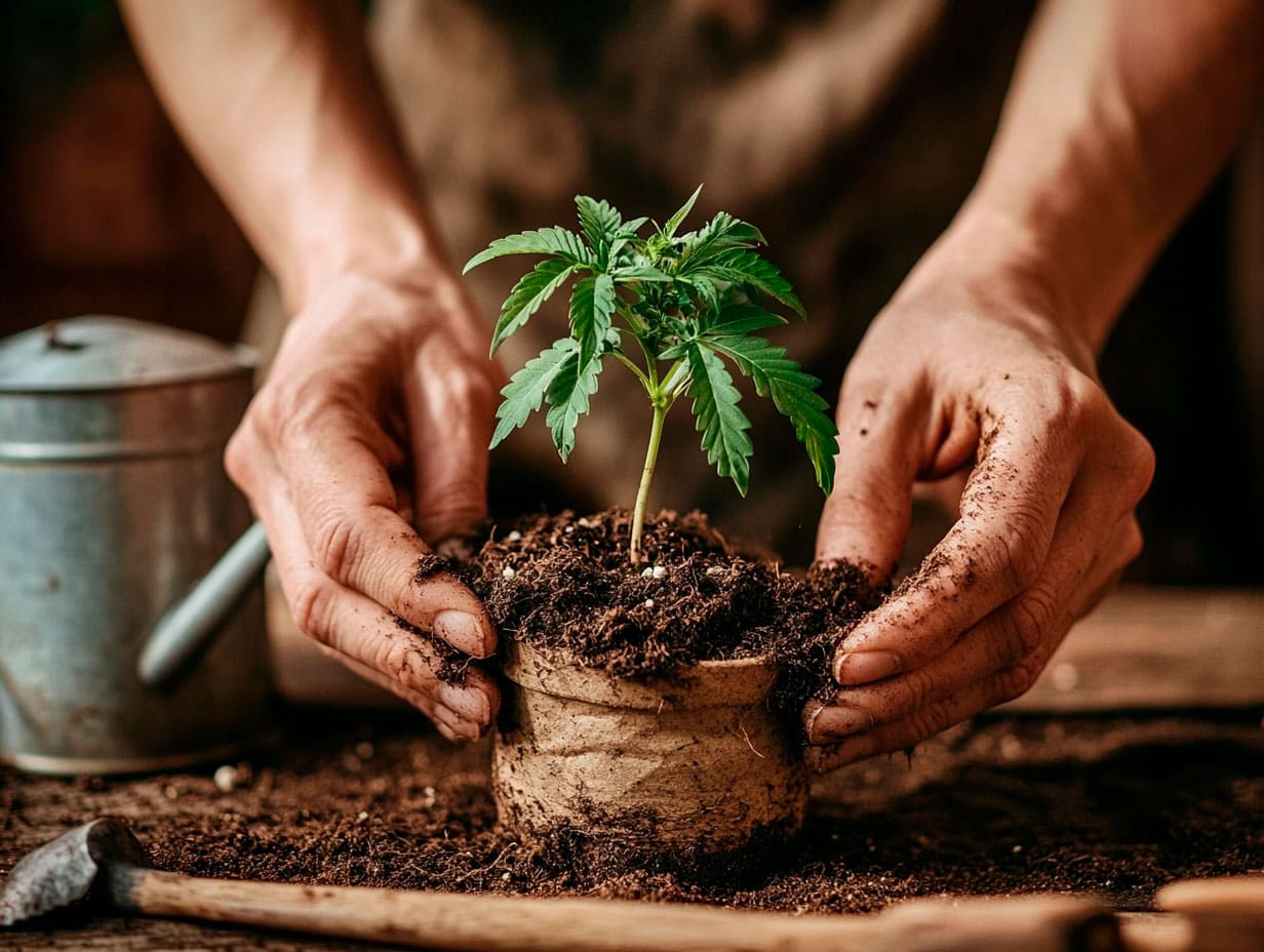 Close-up of hands holding a cannabis seedling’s root ball being prepared for transplanting cannabis into a larger pot with rich soil.