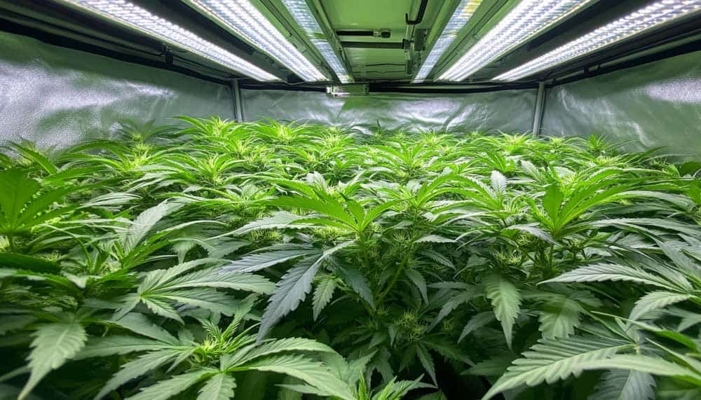 Vegetative Stage Healthy cannabis plants in the vegetative stage developing broad fan leaves and multiple branches.