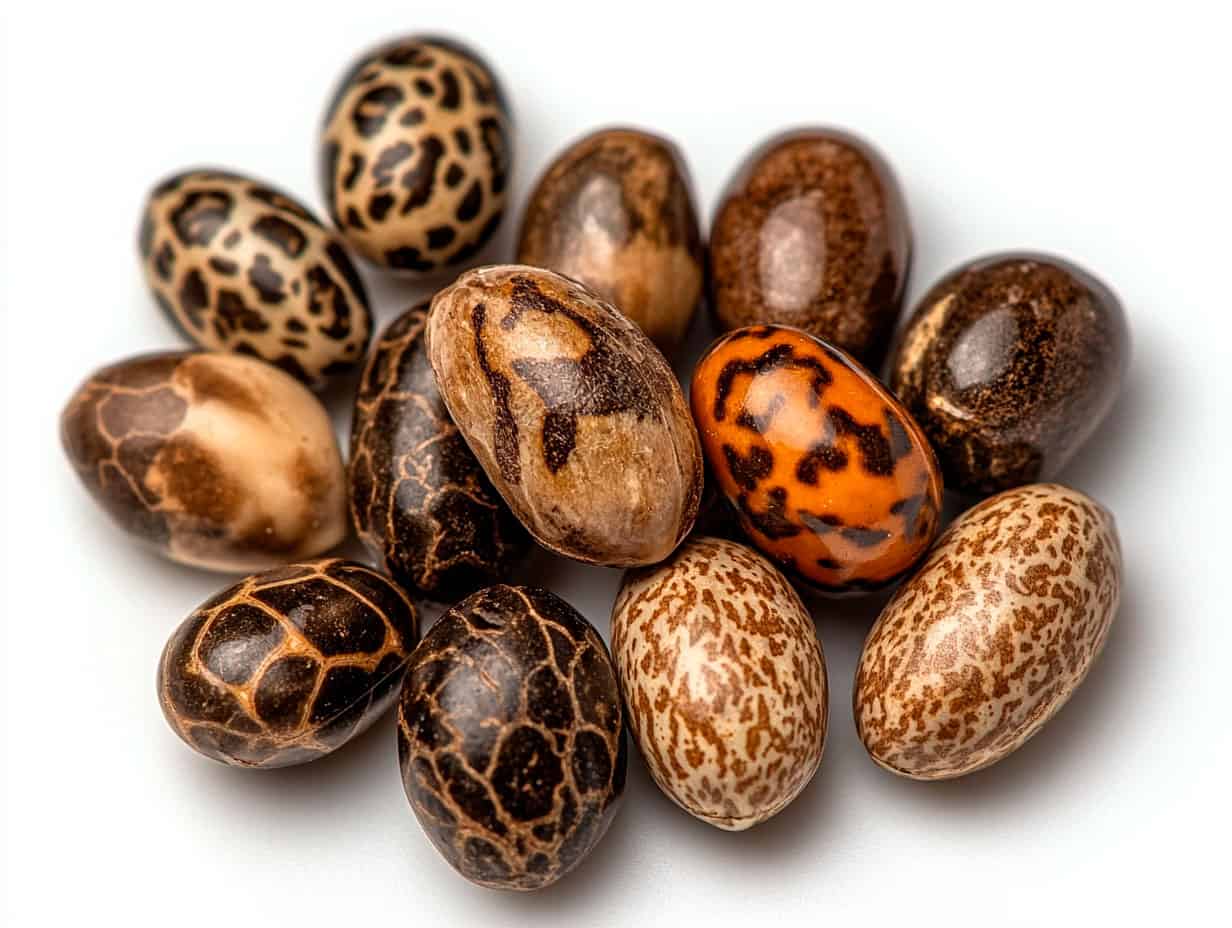 Close-up of healthy cannabis seeds showing natural color, shape, and texture to illustrate what do cannabis seeds look like.