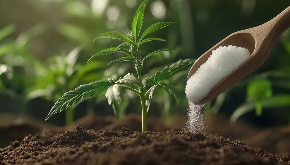 Healthy marijuana plants with baking soda sprinkled around the base, demonstrating the benefits of baking soda on weeds for nutrient uptake and pH balance