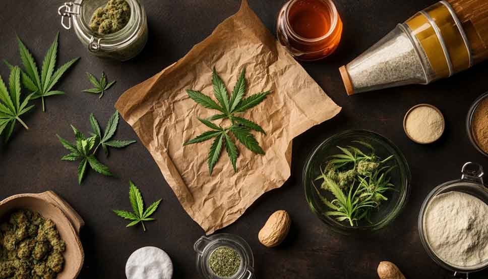 Close-up of cannabis buds and baking ingredients on a kitchen counter, showcasing the best strains for edibles.