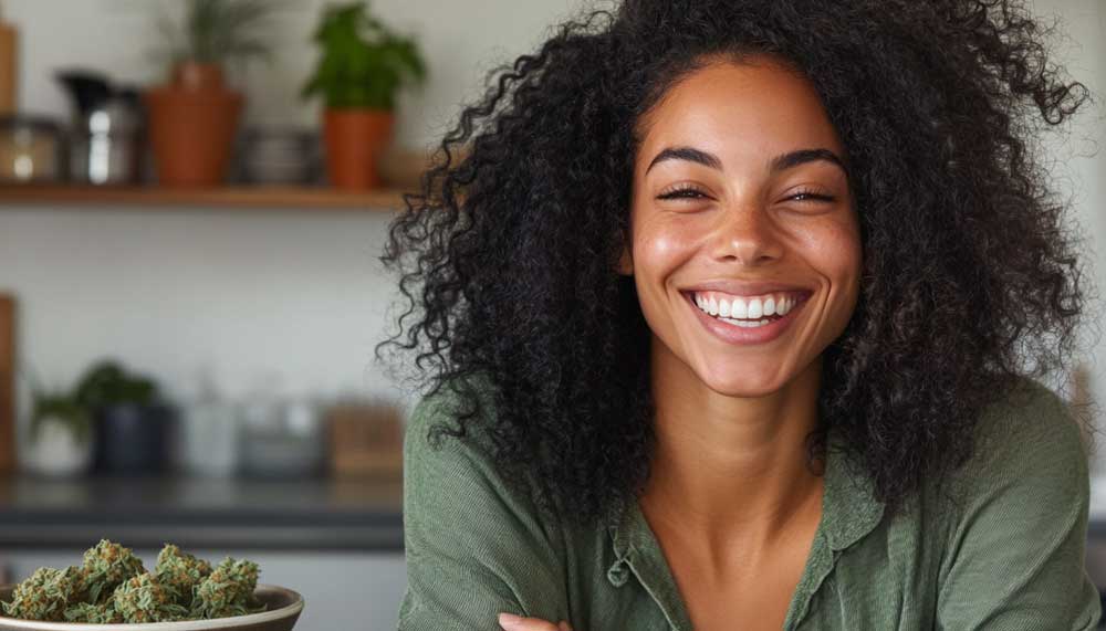 Healthy snacks beside a cannabis leaf and yoga mat – wellness and cannabis lifestyle
