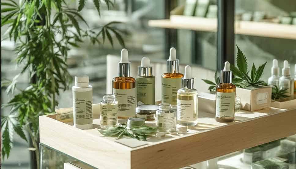 Display of various CBD products on pharmacy shelves in Sweden highlighting the question is weed legal in Sweden