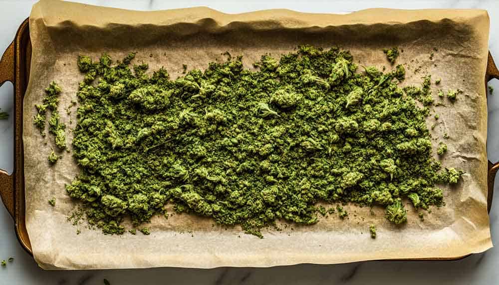 Flat lay of space cake ingredients on a rustic wooden counter, including flour, butter, milk, sugar, eggs, chocolate chips, baking powder, and a jar of ground cannabis.